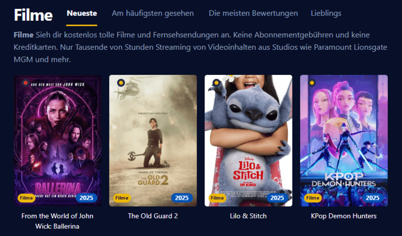 Bildschirmaufnahme der Benutzeroberfläche von Einschalten die eine moderne Streaming-Plattform mit Filmen und Serien anzeigt